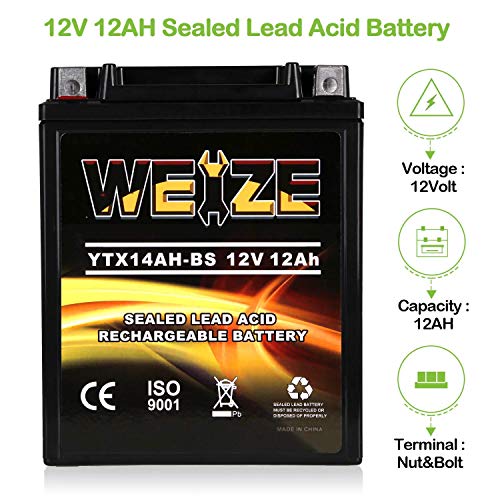 Weize YTX14AH-BS High Performance - Maintenance Free-Sealed AGM ATV Motorcycle Battery for Polaris Sportsman 570 Trail Blazer 250 Ranger 400 500 Suzuki King Quad 300 QuadRunner 250