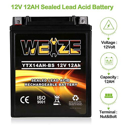 Weize YTX14AH-BS High Performance - Maintenance Free-Sealed AGM ATV Motorcycle Battery for Polaris Sportsman 570 Trail Blazer 250 Ranger 400 500 Suzuki King Quad 300 QuadRunner 250