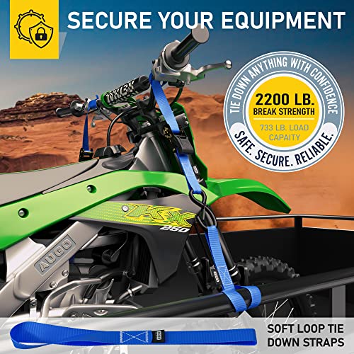 AUGO Ratchet Tie Down Straps –4 PK– 15 FT – 2,200 LB Break Strength – Safety Lock S Hooks –for Moving Cargo, Appliances, Lawn Equipment, Motorcycle – Includes 2 Bungee Cords, 4 Soft Loops, Storage Bag