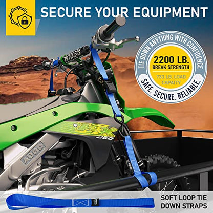 AUGO Ratchet Tie Down Straps –4 PK– 15 FT – 2,200 LB Break Strength – Safety Lock S Hooks –for Moving Cargo, Appliances, Lawn Equipment, Motorcycle – Includes 2 Bungee Cords, 4 Soft Loops, Storage Bag