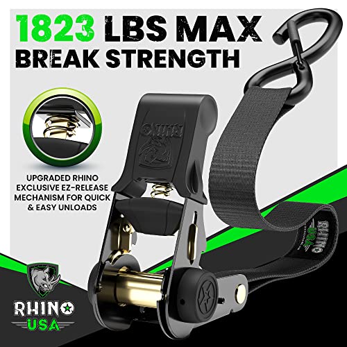 RHINO USA Ratchet Tie Down Straps (4PK) - 1,823lb Guaranteed Max Break Strength, Includes (4) Premium 1" x 15' Rachet Tie Downs with Padded Handles. Best for Moving, Securing Cargo