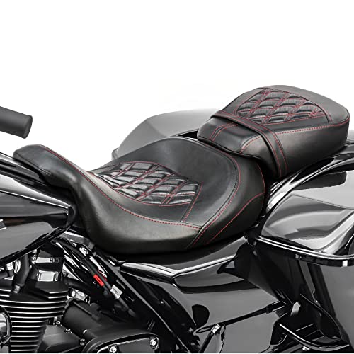 Low-Profile Seats Rider Passenger Pillion Leather Seat for Harley 2009-2022 Touring Road King Ultra CVO Limited Street Glide Road Glide models [Two Peice Driver & Passenger Seat, Red Stitching]