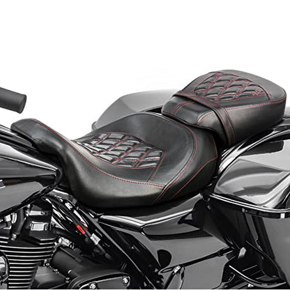 Low-Profile Seats Rider Passenger Pillion Leather Seat for Harley 2009-2022 Touring Road King Ultra CVO Limited Street Glide Road Glide models [Two Peice Driver & Passenger Seat, Red Stitching]