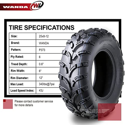 Set of 2 New WANDA ATV/UTV Tires 25x8-12 /6PR P373 - 10243 …