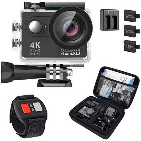 REMALI CaptureCam 4K Ultra HD and 12MP Waterproof Sports Action Camera Kit with Carrying Case, 3 Batteries, Dual Battery Charger, 2” LCD Screen, WiFi, Remote Control, and 21 Mounts and Accessories