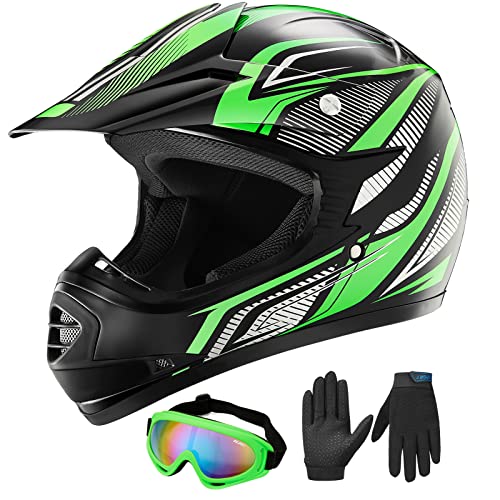 ILM Youth Kids ATV Motocross Helmet Goggles Sports Gloves Dirt Bike Motorcycle Off Road DOT Approved B07 (Youth-L, Green/Silver)