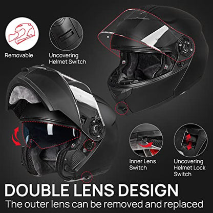 ILM Adult Motorcycle Modular Full Face Helmet Flip up Dual Visor DOT Approved Model 159(Matte Black,Large)