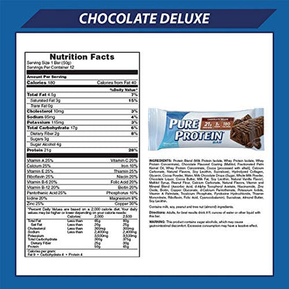 Pure Protein Bars, High Protein, Nutritious Snacks to Support Energy, Low Sugar, Gluten Free, Chocolate Deluxe, 1.76 oz., 12 Count (Packaging may vary)