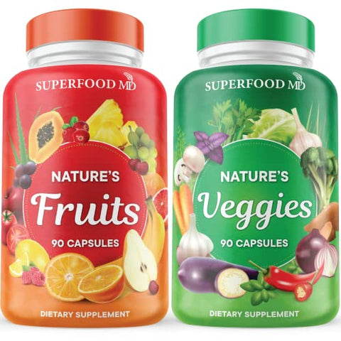 Superfood MD Fruits and Veggies Supplement - 90 Fruit and 90 Veggie Capsules -100% Whole Natural Superfood - Filled with Vitamins and Minerals - Supports Energy Levels - Made 90 Count (Pack of 2)