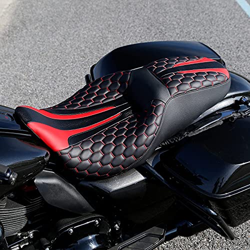 C.C. RIDER Leather Rider Passenger Seat - Hexagon Stitching for Harley Davidson Touring Road King Street Glide Road Glide Electra Glide CVO 2009-2021 Black Red
