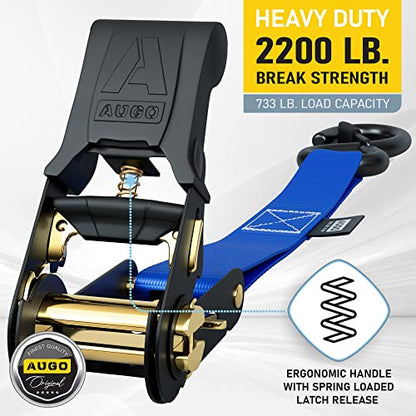 AUGO Ratchet Tie Down Straps –4 PK– 15 FT – 2,200 LB Break Strength – Safety Lock S Hooks –for Moving Cargo, Appliances, Lawn Equipment, Motorcycle – Includes 2 Bungee Cords, 4 Soft Loops, Storage Bag