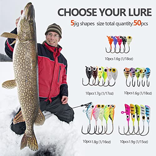 THKFISH 50Pcs/Box Ice Fishing Jigs Set Ice Fishing Lures Walleye Jigs Heads for Ice Fishing Gear Kit Panfish Crappie Perch Jigs Ice Fishing Box A