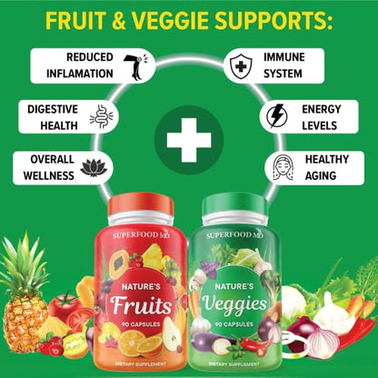 Superfood MD Fruits and Veggies Supplement - 90 Fruit and 90 Veggie Capsules -100% Whole Natural Superfood - Filled with Vitamins and Minerals - Supports Energy Levels - Made 90 Count (Pack of 2)