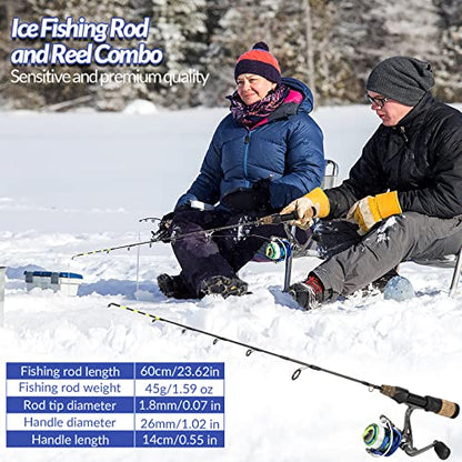 QualyQualy Ice Fishing Rod Reel Combo Complete Set Ice Fishing Gear with Backpack Seat Ice Cleats Ice Fishing Jigs Line Full Ice Fishing Kit