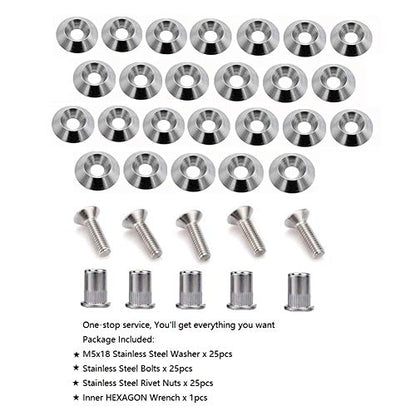STETION Stainless Steel 25 Pcs Fender Bumper Washer Bolt M5x20mm CNC Finishing Washer Engine Bay Dress Up Fastener Kit Flares Widebody kit Installation Hardware