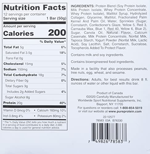 Pure Protein Bars, High Protein, Nutritious Snacks to Support Energy, Low Sugar, Gluten Free, Birthday Cake, 1.76 oz, Pack of 12