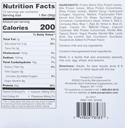 Pure Protein Bars, High Protein, Nutritious Snacks to Support Energy, Low Sugar, Gluten Free, Birthday Cake, 1.76 oz, Pack of 12