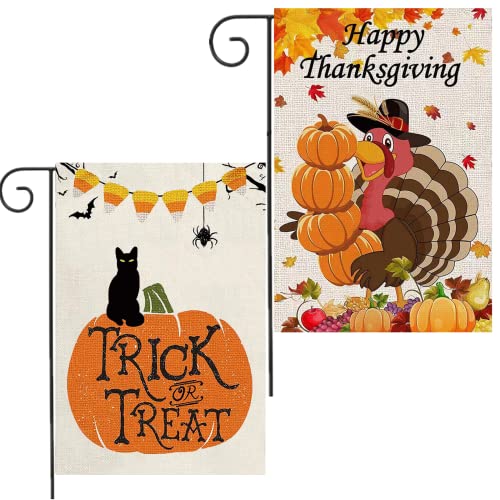 2Pcs Halloween Fall Thanksgiving Garden Flag, Trick or Treat Halloween Yard Flags Pumpkins Cat Turkey Harvest Fall Decorations for Home Yard Indoor Outdoor 12 x 18 Inch Double Sided