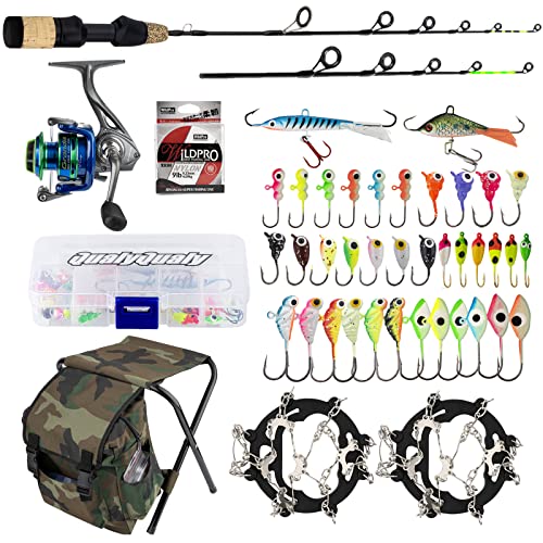 QualyQualy Ice Fishing Rod Reel Combo Complete Set Ice Fishing Gear with  Backpack Seat Ice Cleats Ice Fishing Jigs Line Full Ice Fishing Kit - Zoom
