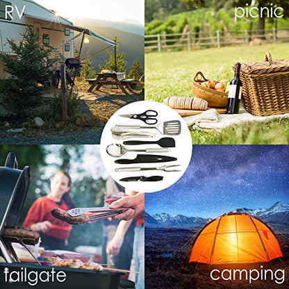 Camp Cooking Utensil Set & Outdoor Kitchen Gear-10 Piece Cookware Kit, Portable Compact Carry Case -for Camping, Hiking, RV, Travel, BBQ, Grilling-Stainless Steel Accessories- Fork, Spoon, Knife, etc