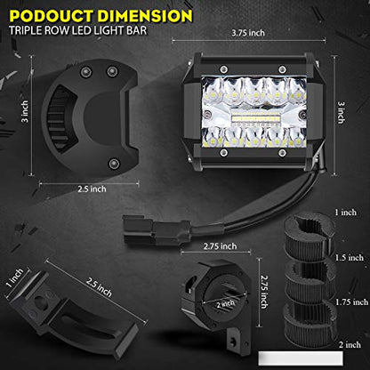 SUZCO 4INCH 60W 3-Row Offroad Led Work Light Bar Driving Wiring Harness Switch KIT/COMBO, Spot/Flood/Combo Lightbar Waterproof 12V 24V with Mounting Bracket Tube Clamp 1"/1.5"/1.75"/2" For 4x4 ATV UTV