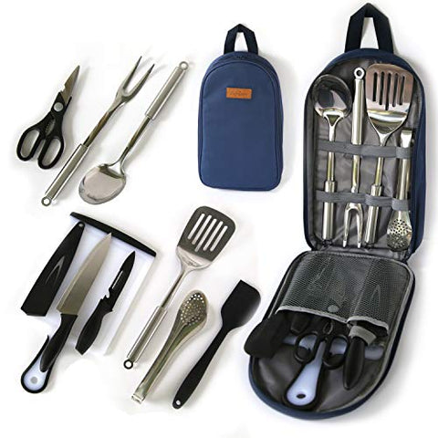 Camp Cooking Utensil Set & Outdoor Kitchen Gear-10 Piece Cookware Kit, Portable Compact Carry Case -for Camping, Hiking, RV, Travel, BBQ, Grilling-Stainless Steel Accessories- Fork, Spoon, Knife, etc