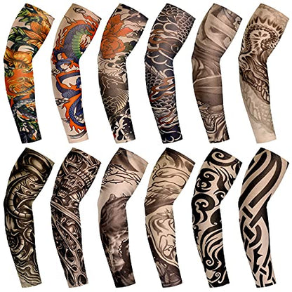 12 Pieces Tattoo Sleeves Set Fake Sunscreen Arm Sleeves Soft Elasticity Flower Arm Gloves Cycling (Chic Pattern)