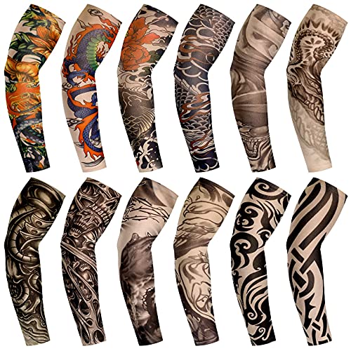 12 Pieces Tattoo Sleeves Set Fake Sunscreen Arm Sleeves Soft Elasticity Flower Arm Gloves Cycling (Chic Pattern)