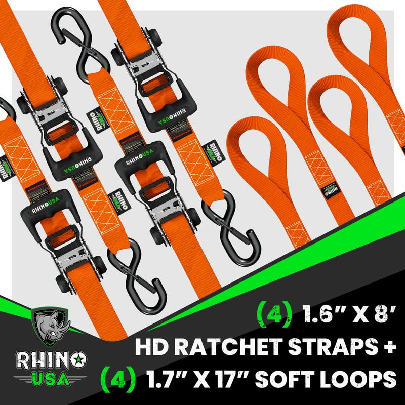 RHINO USA Ratchet Straps Tie Down Kit, 5,208 Break Strength - Includes (4) Heavy Duty Rachet Tiedowns with Padded Handles & Coated Chromoly S Hooks + (4) Soft Loop Tie-Downs