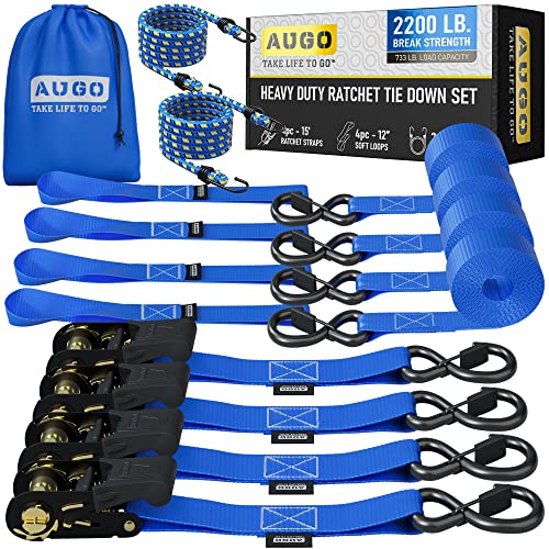 AUGO Ratchet Tie Down Straps –4 PK– 15 FT – 2,200 LB Break Strength – Safety Lock S Hooks –for Moving Cargo, Appliances, Lawn Equipment, Motorcycle – Includes 2 Bungee Cords, 4 Soft Loops, Storage Bag