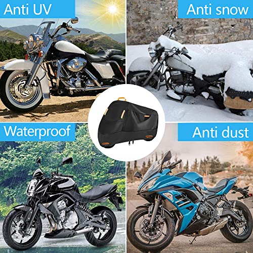 300D Heavy Duty Motorcycle Cover, Seceles All Season Durable Waterproof Outdoor Protection Scooter Cover with 4 Reflective Strips Lock-Holes Storage Bag Fits up to 91" Yamaha Honda Harley Suzuki (XL)