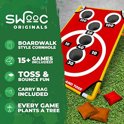SWOOC Games - Coney Island Toss - Boardwalk Inspired Cornhole Bounce Game with Carrying Case (15+ Games Included) - PVC Corn Hole Bean Bag Toss Game for Kids - Corn Holes Outdoor Game Set