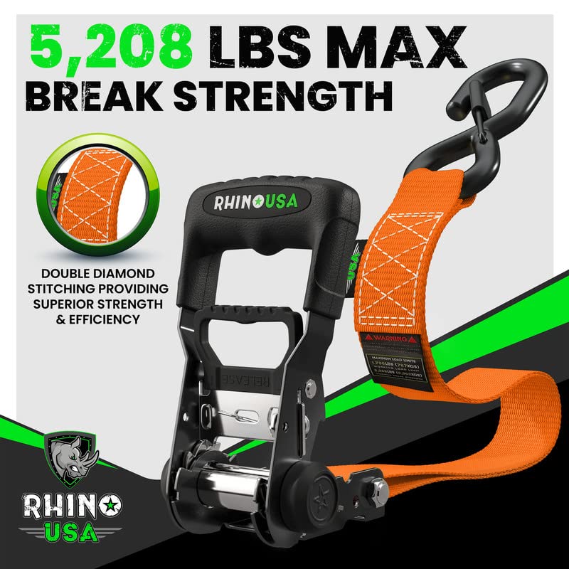 RHINO USA Ratchet Straps Tie Down Kit, 5,208 Break Strength - Includes (4) Heavy Duty Rachet Tiedowns with Padded Handles & Coated Chromoly S Hooks + (4) Soft Loop Tie-Downs