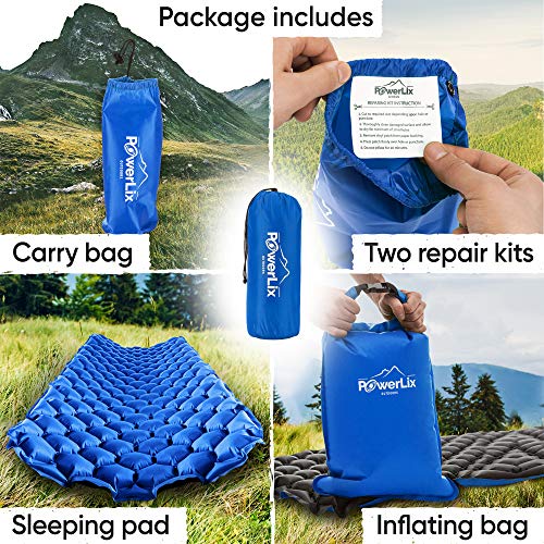 POWERLIX Sleeping Pad - Ultralight Inflatable Sleeping Mat, Ultimate for Camping, Backpacking, Hiking - Airpad, Inflating Bag, Carry Bag, Repair Kit - Compact & Lightweight Air Mattress (Blue)